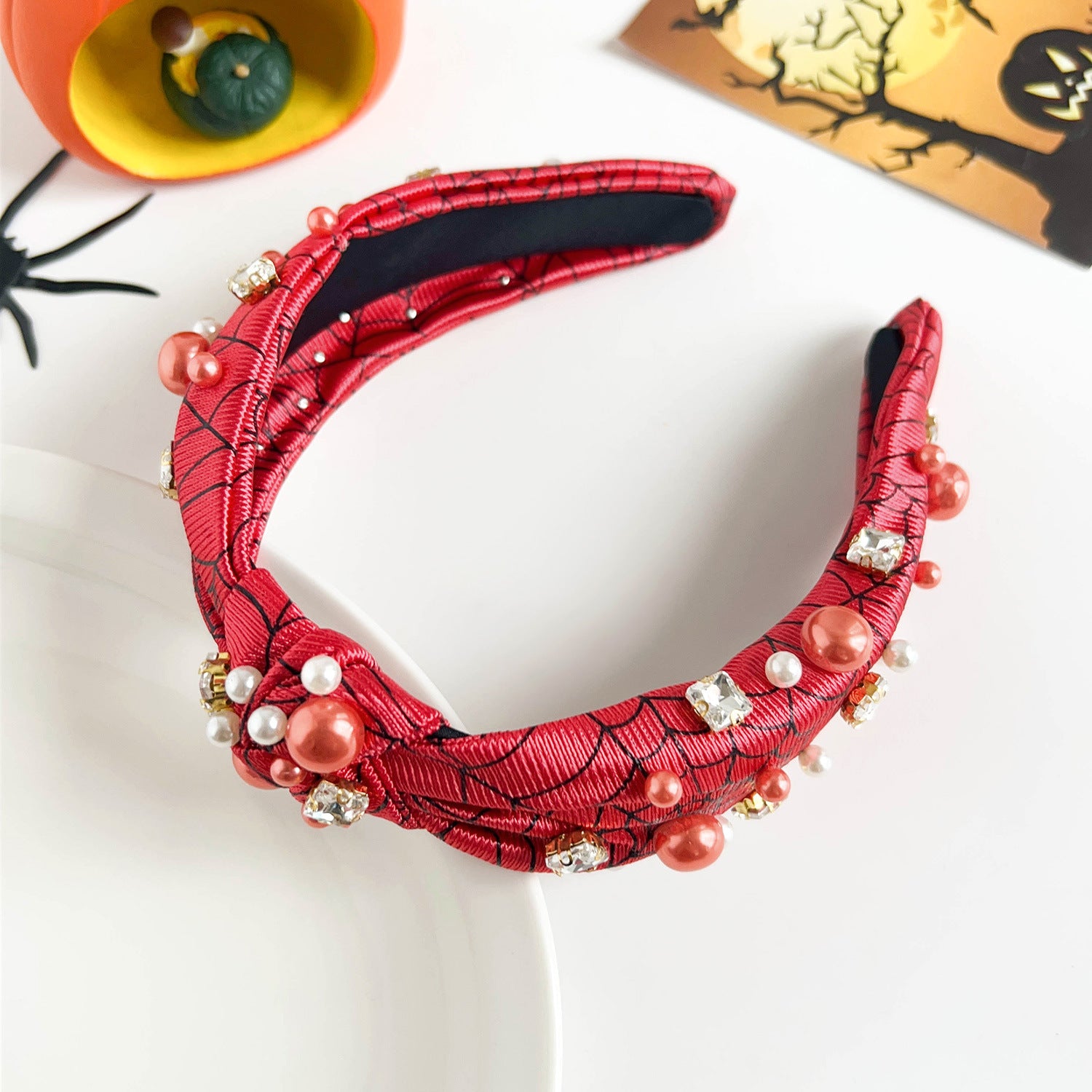 Wholesale Halloween Dark Style Spider Web Skull Fashion New Knotted Wide-brimmed Pearl Headband